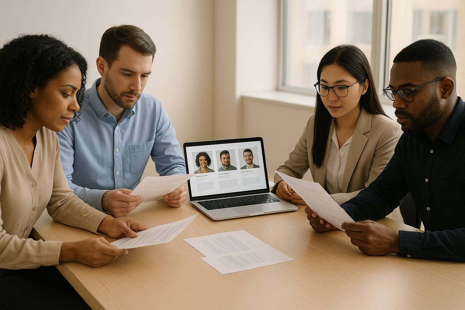 HR team reviewing strategic hiring plan with candidate profiles on a laptop