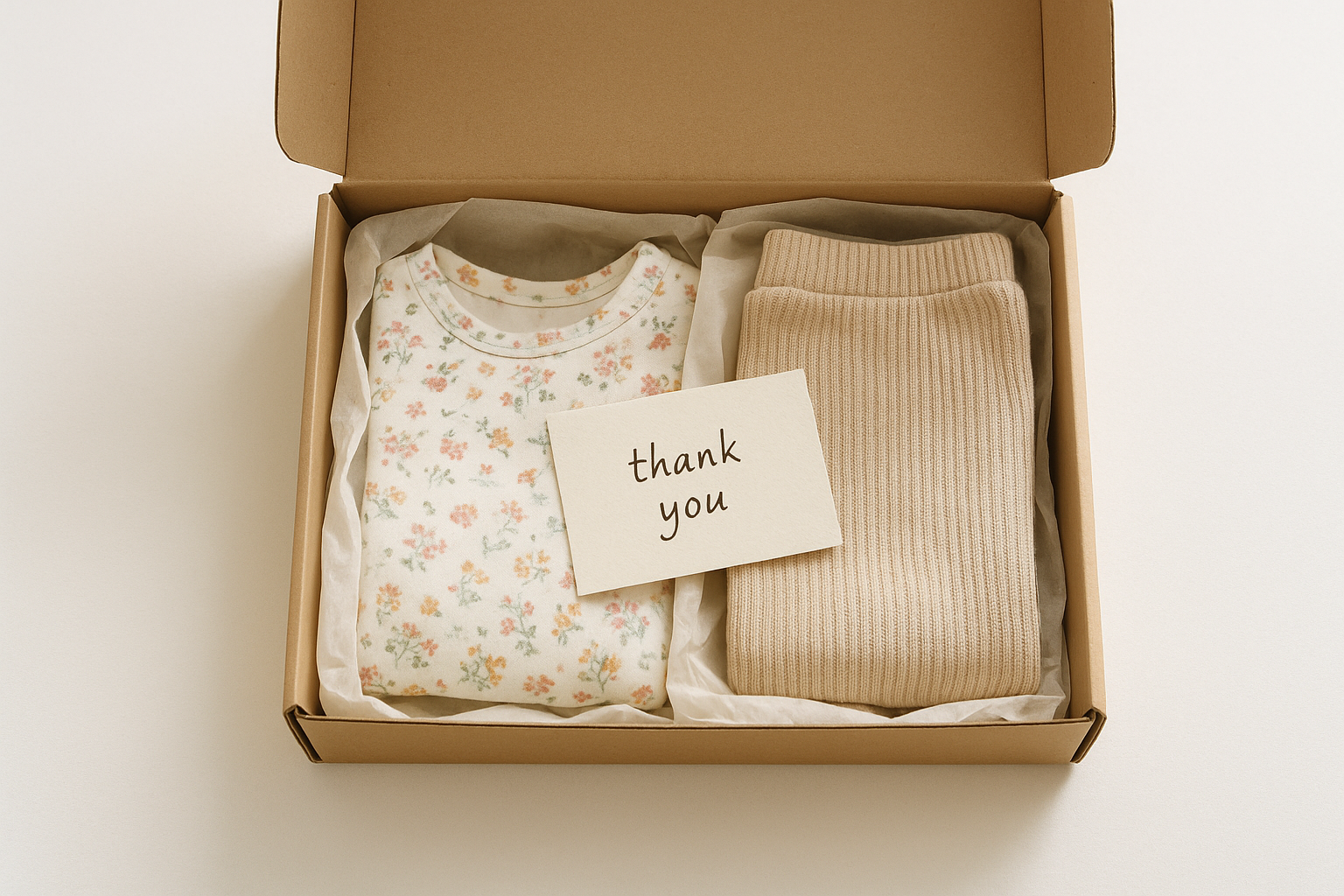 Open shipping box containing a neatly packed growing kids clothing service bundle with eco-friendly packaging