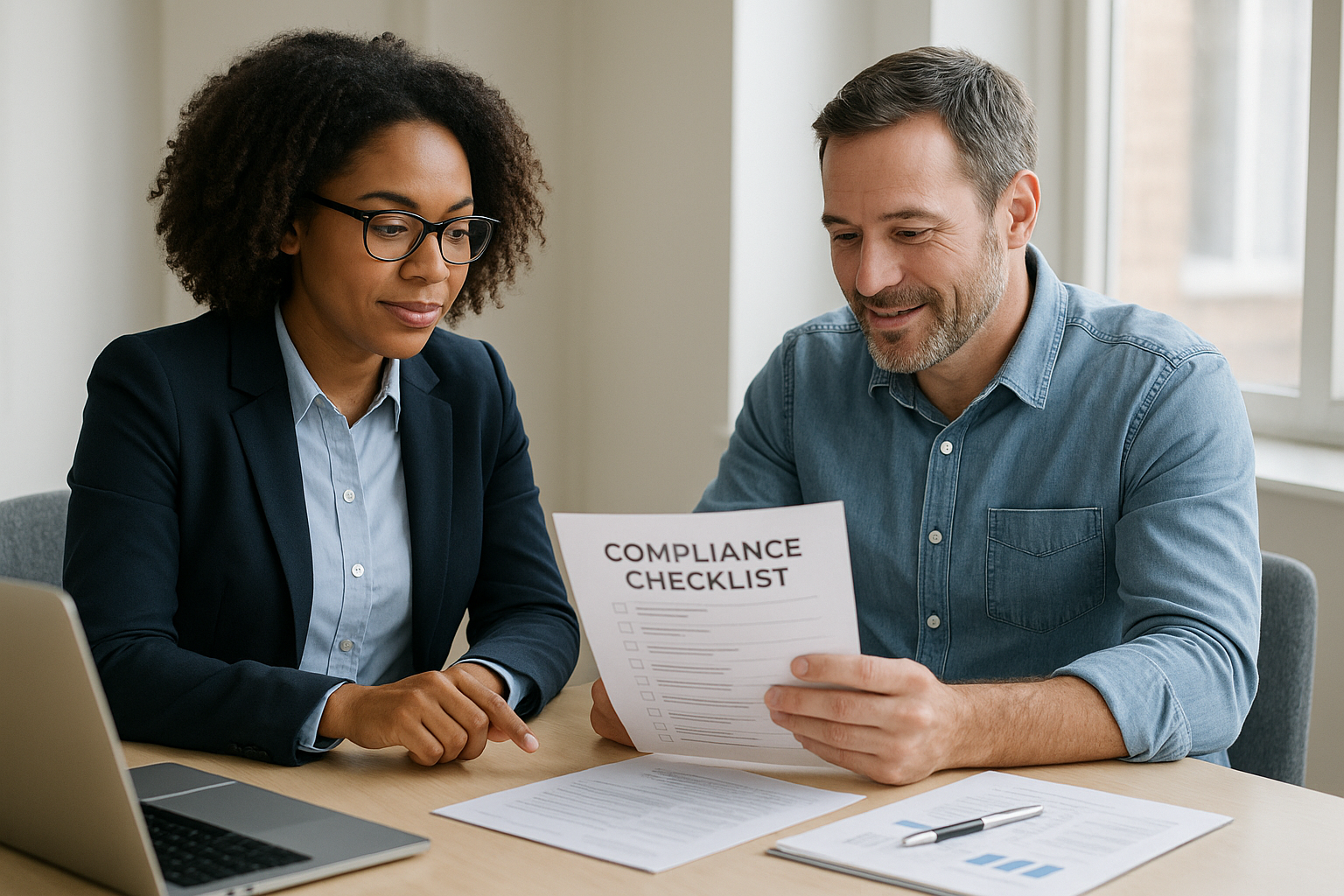 Team from top HR consulting firms reviewing a compliance checklist with a business owner
