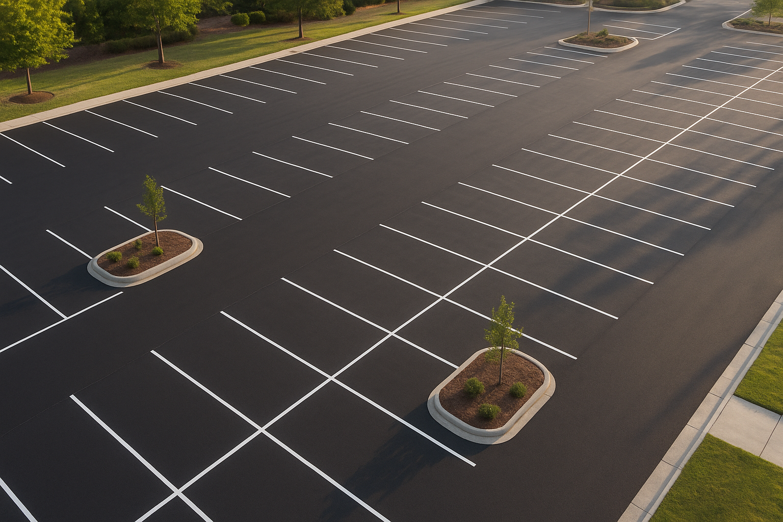 Freshly painted lane markings Texas parking lot with organized white striping