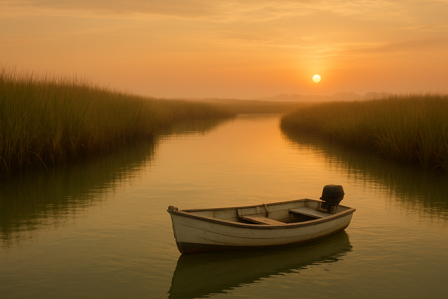 Myrtle Beach inshore fishing charter boat drifting through a calm backwater creek at sunrise
