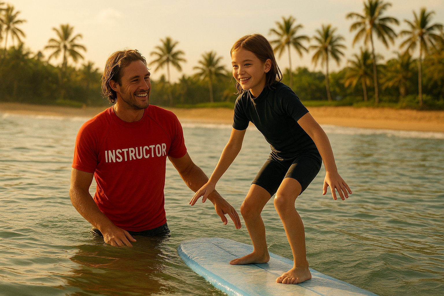 Surf instructor guiding a student learning to ride waves in calm ocean water