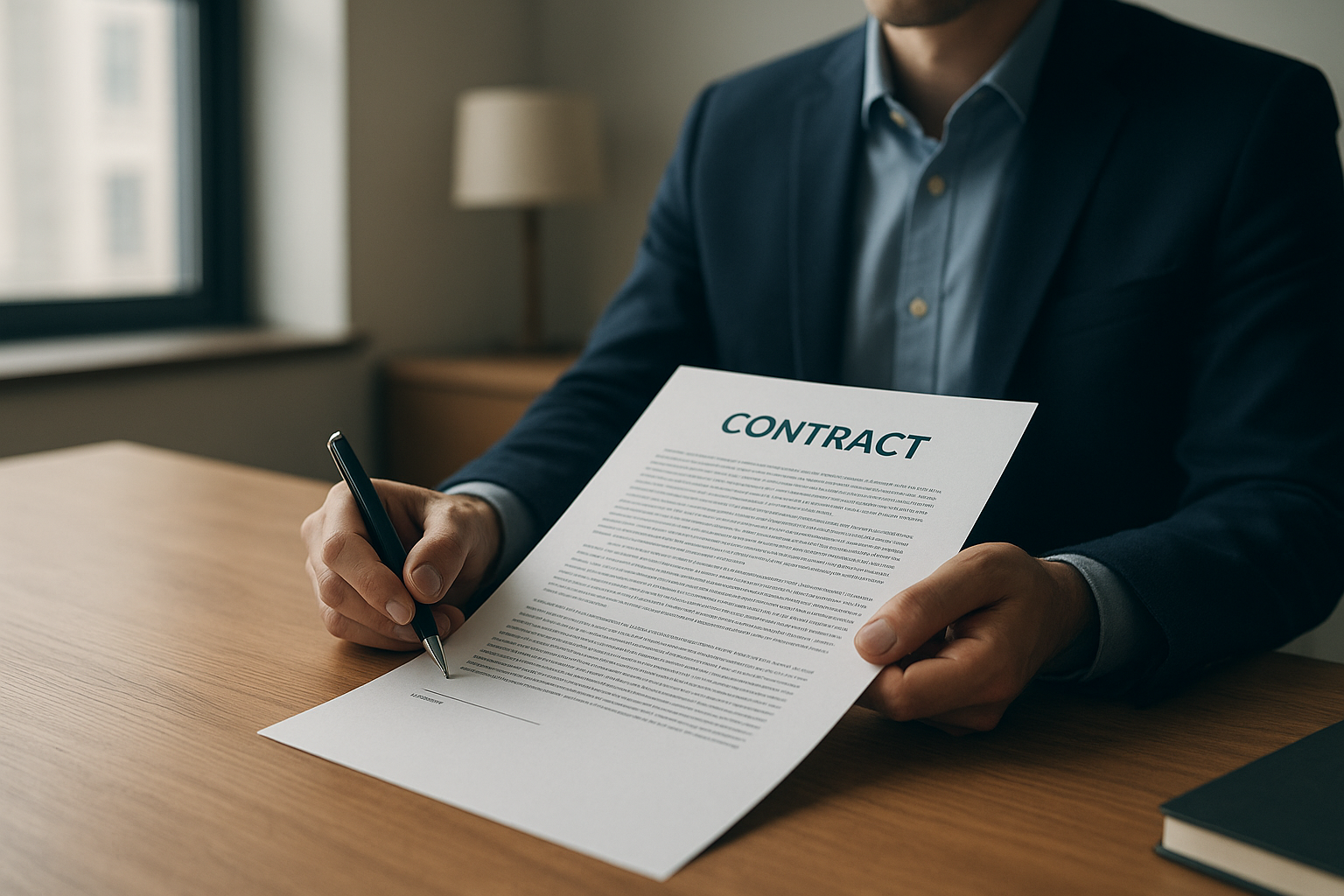 Business leader reviewing a human resources consultant contract at a desk