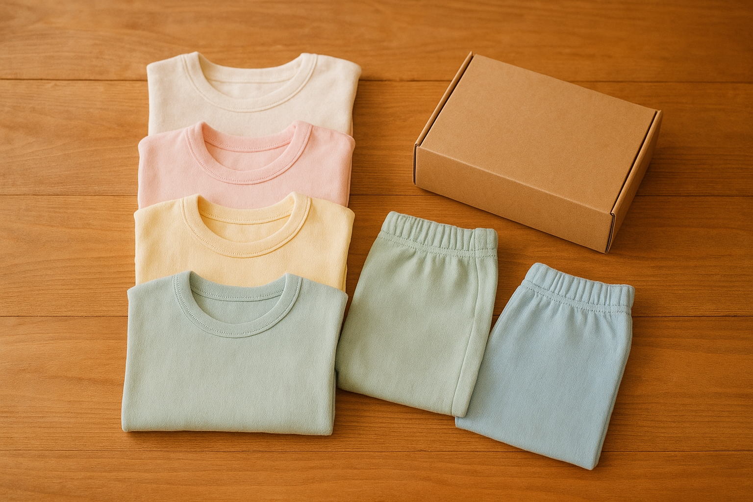Affordable luxury kids clothing folded neatly next to a rental shipping box