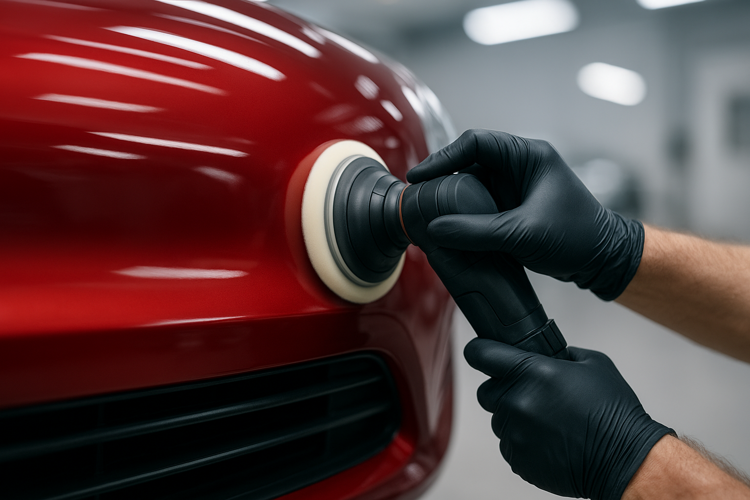 Close-up of freshly painted car bumper at an affordable collision repair shop