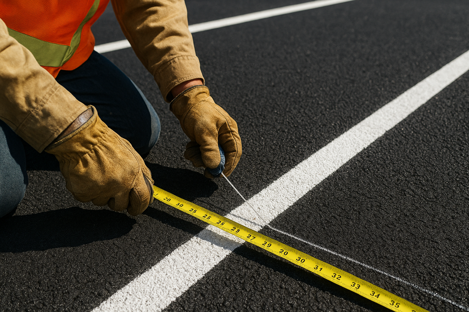 Striping technician measuring handicap parking stall dimensions before painting