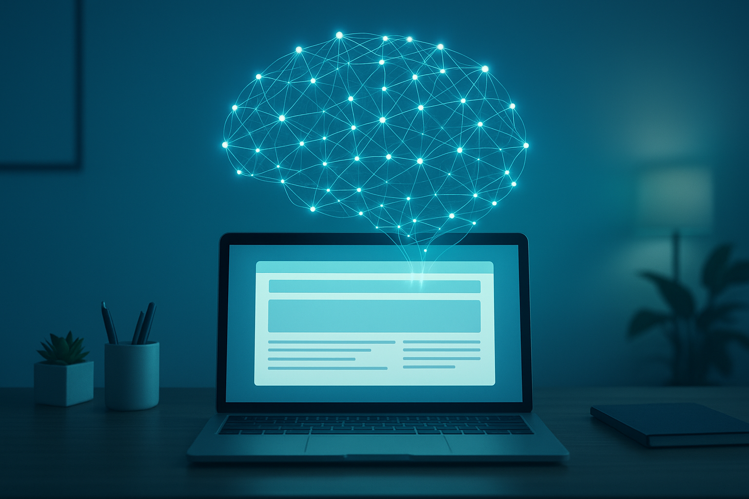 Illustration of content optimization for AI search shown through a glowing AI network above a laptop