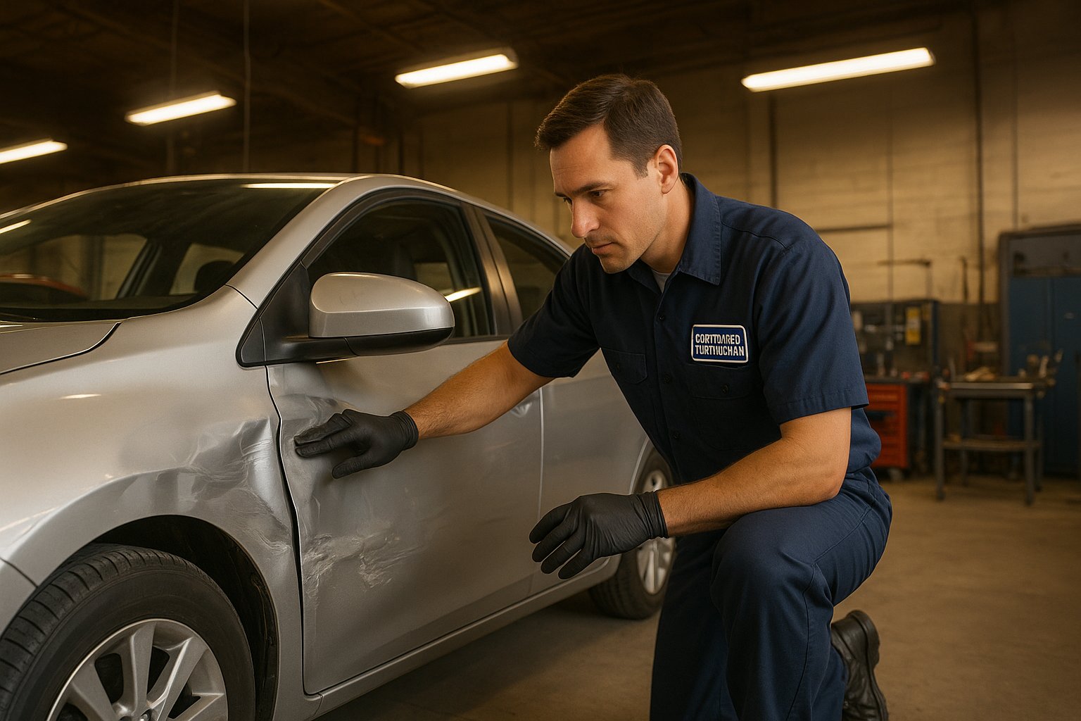 Certified OC body shop technician inspecting collision damage on a silver sedan in an Orange County auto repair facility