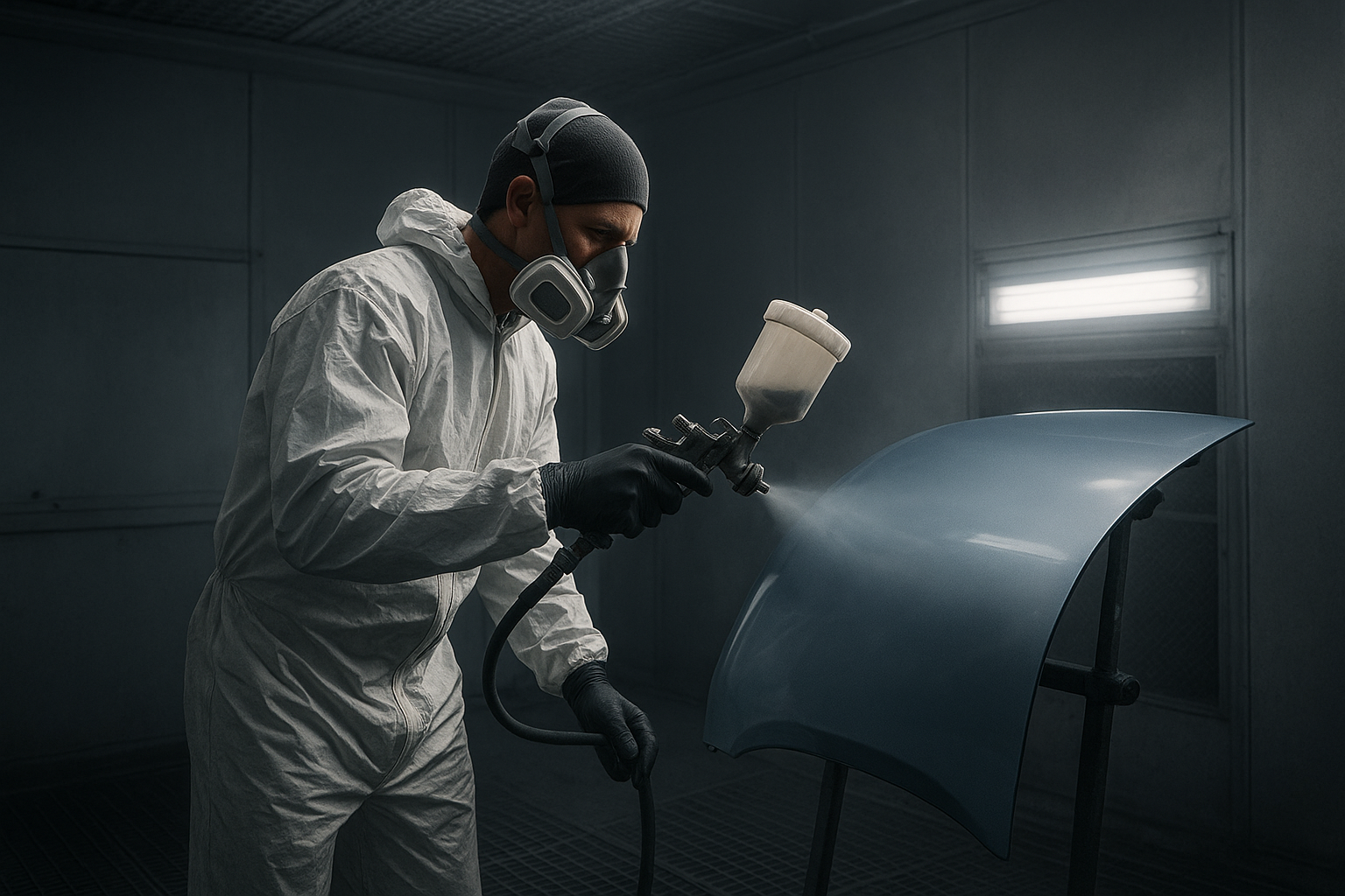 Certified auto body technician using a paint spray gun to color-match a vehicle panel in a repair booth