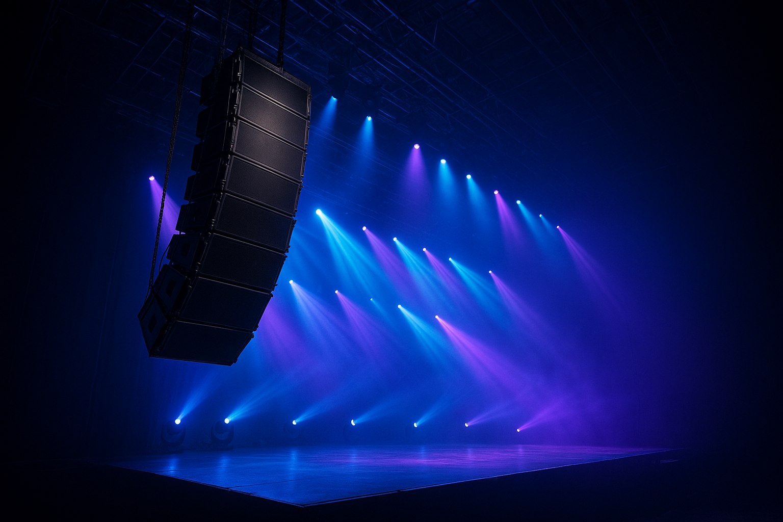 Professional sound and lighting for events setup on a large concert stage with line array speakers and moving head lights