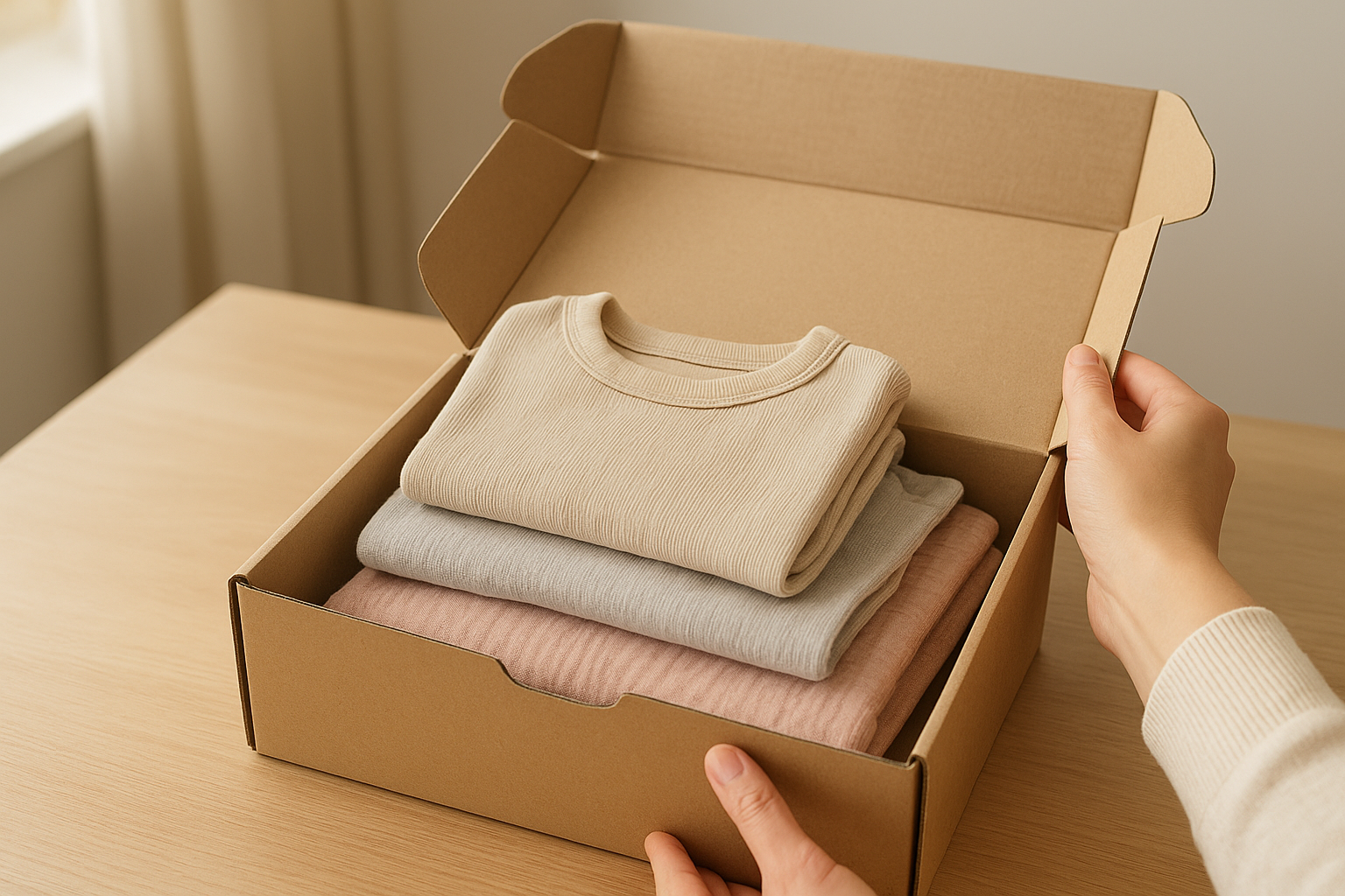 Delivery box of toddler clothing online order being unboxed at home