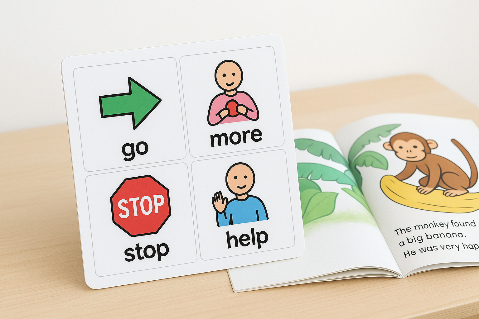 Core vocabulary board used in AAC activities for speech therapy with common words like go, more, and stop