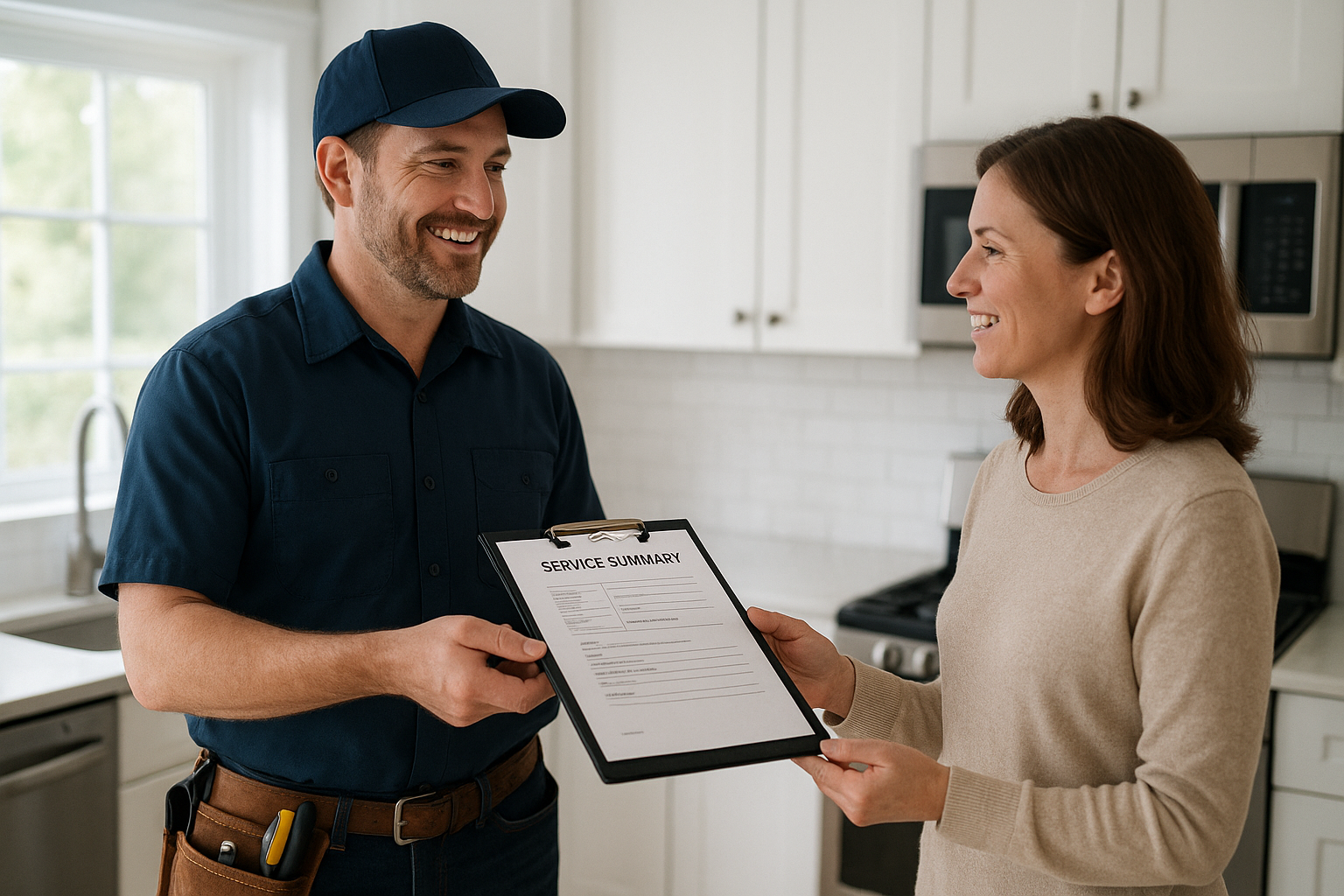 Appliance technician reviewing a service summary with a homeowner after a maintenance visit