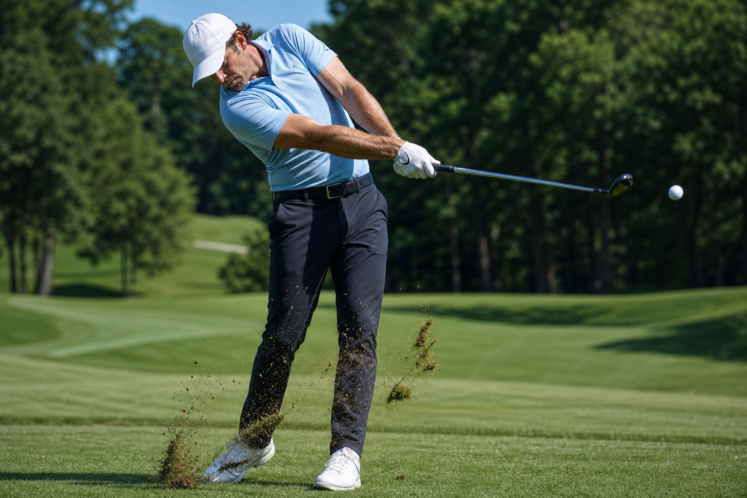 Golfer at full swing extension demonstrating improved mechanics outdoors
