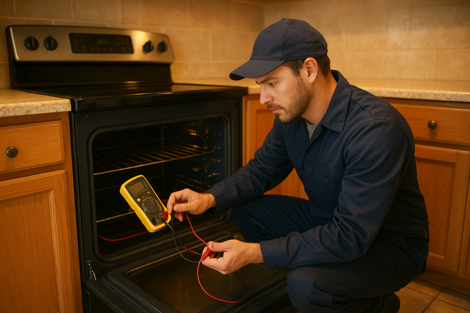 Expert oven repair technician testing a heating element with a multimeter