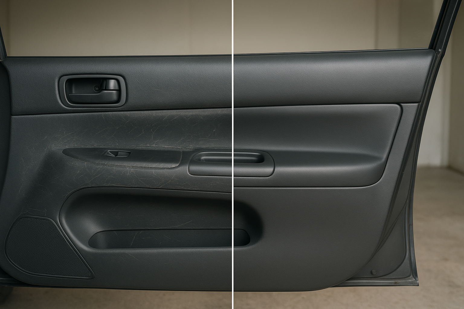 Before and after comparison of car door paint restoration in Brea CA