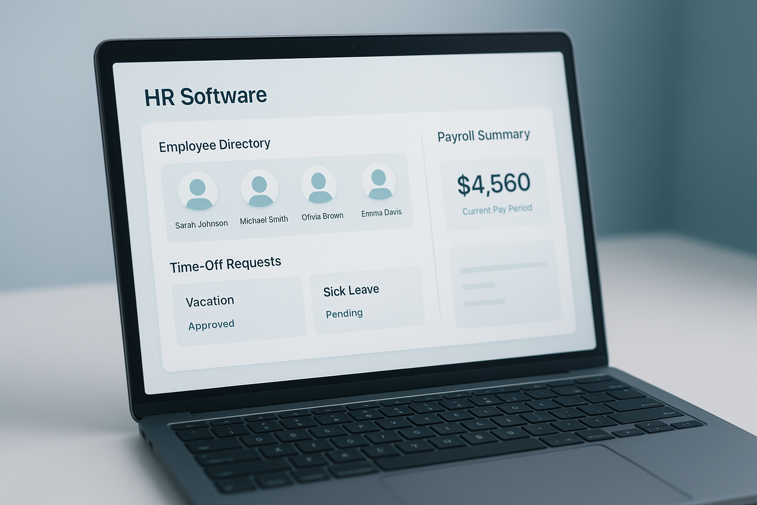 Close-up of an online HR platform interface showing payroll and benefits widgets