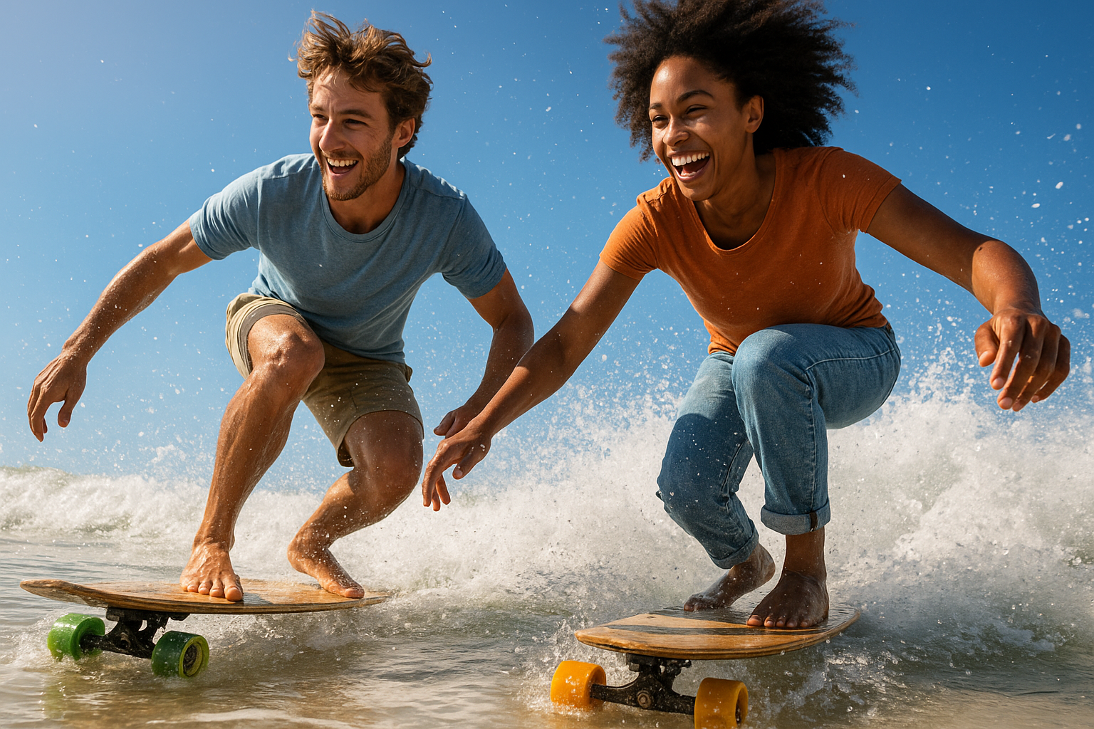 Two coworkers paddling together during an ocean team building exercise on longboards
