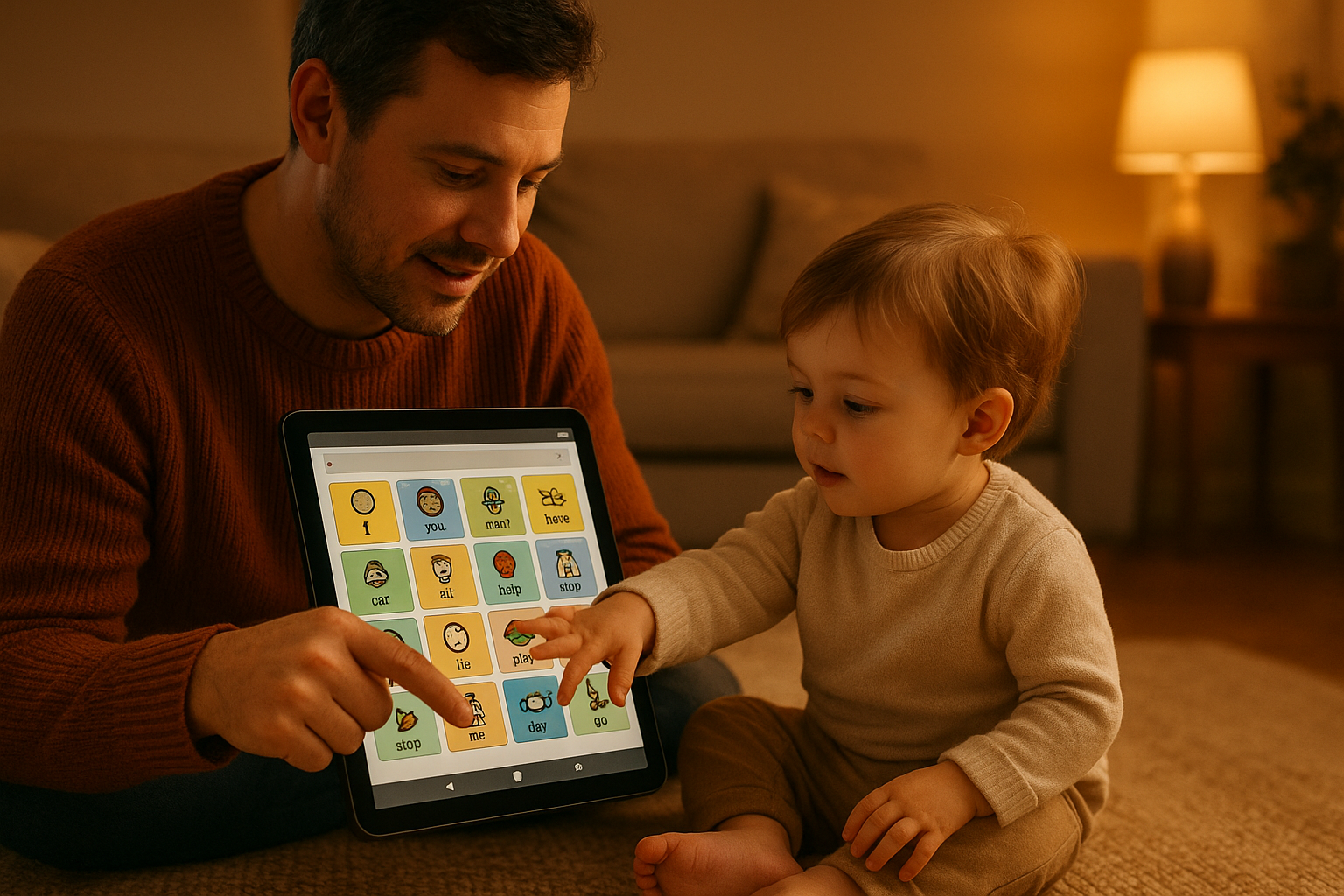Parent practicing AAC exercises with a toddler at home using a tablet communication app