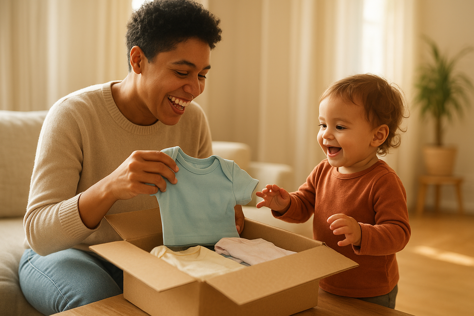 Parent and toddler opening a baby clothing rental subscription delivery box at home