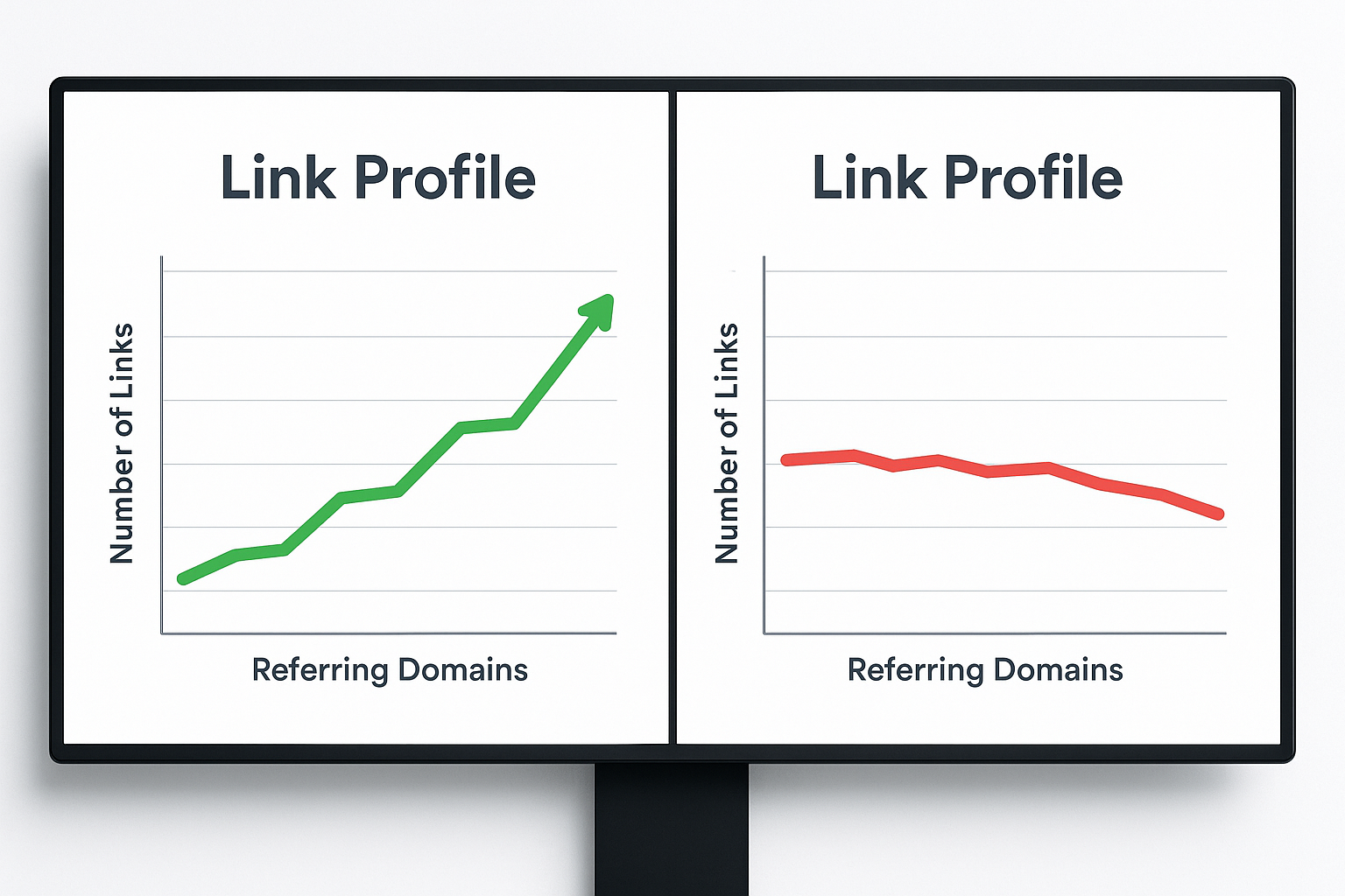 Comparison of healthy versus weak backlink profiles visualized on a split-screen monitor