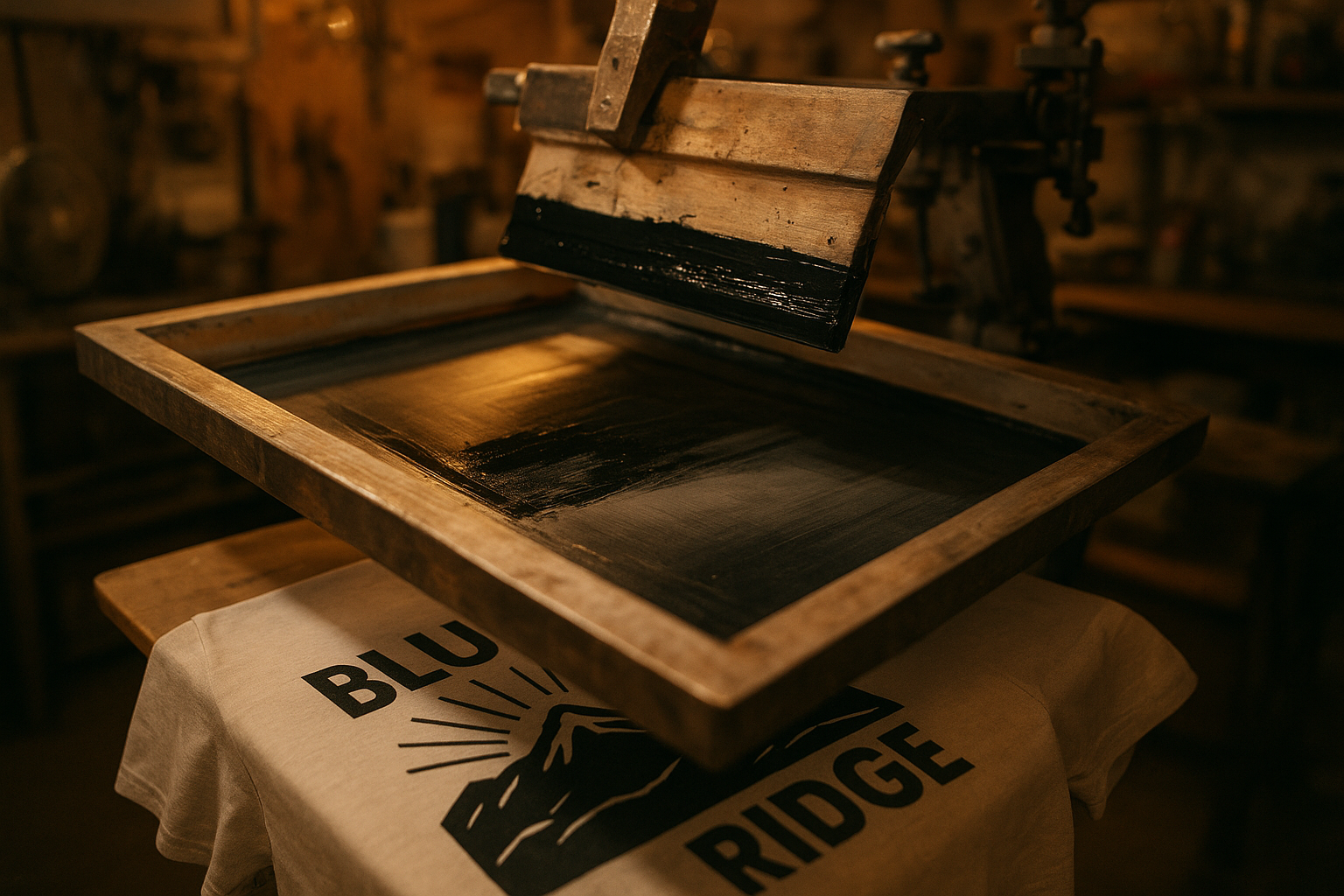 Screen printing press applying a custom t-shirts design onto soft cotton fabric