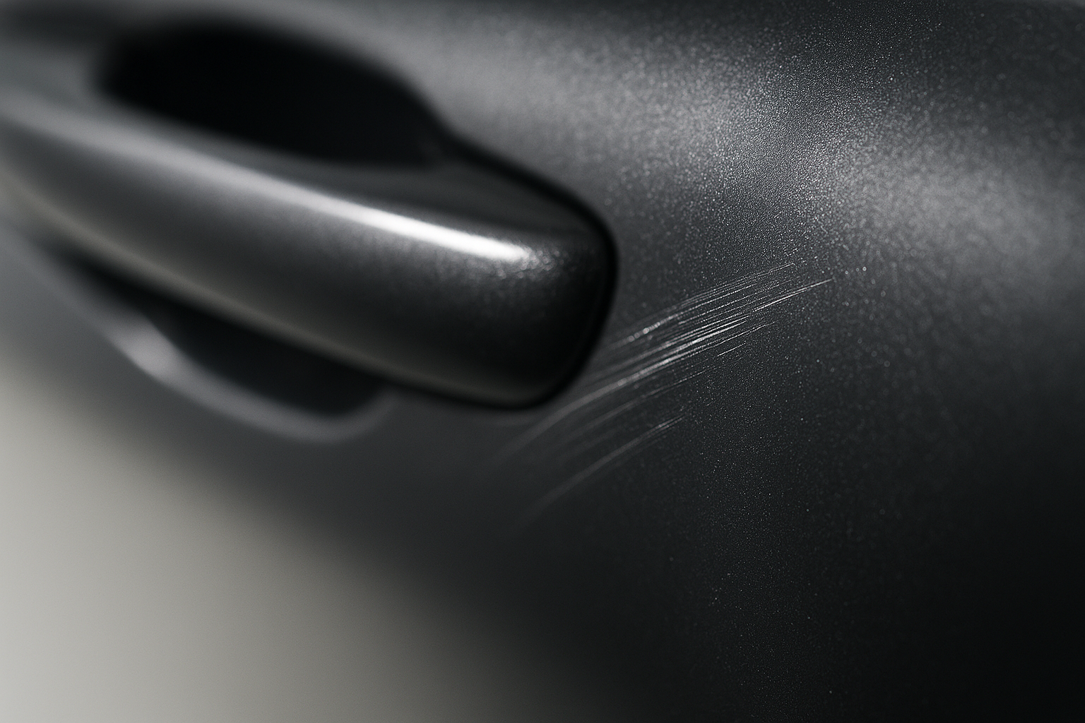 Close-up of a clear coat car scratch being assessed before buffing
