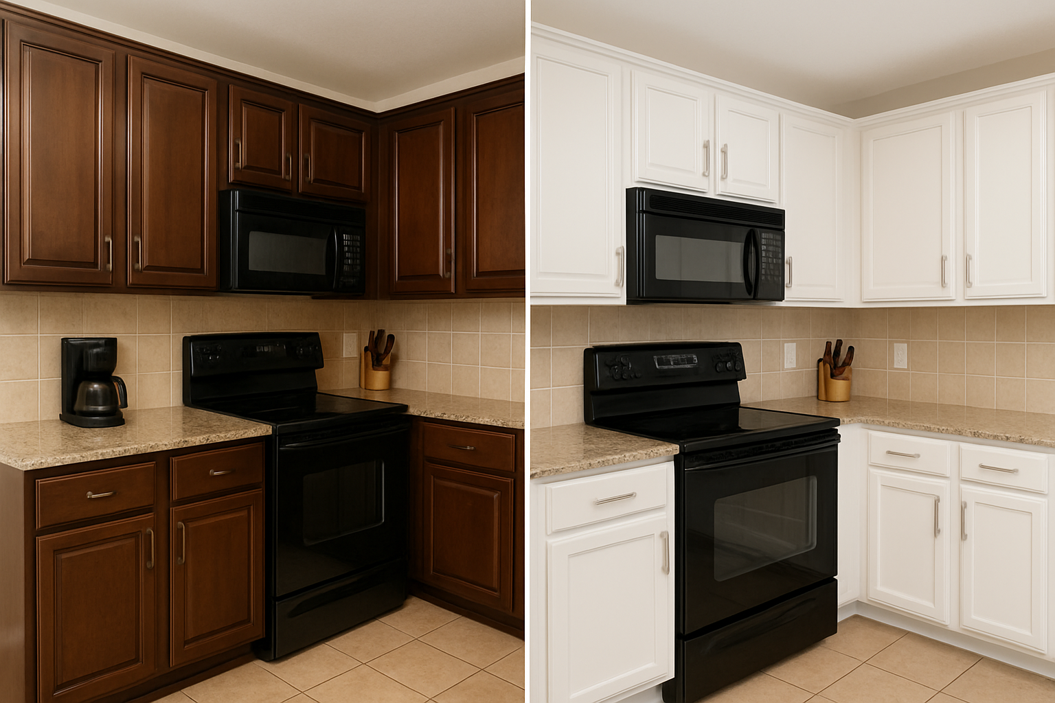 Before and after comparison of a Cincinnati kitchen cabinet refacing transformation