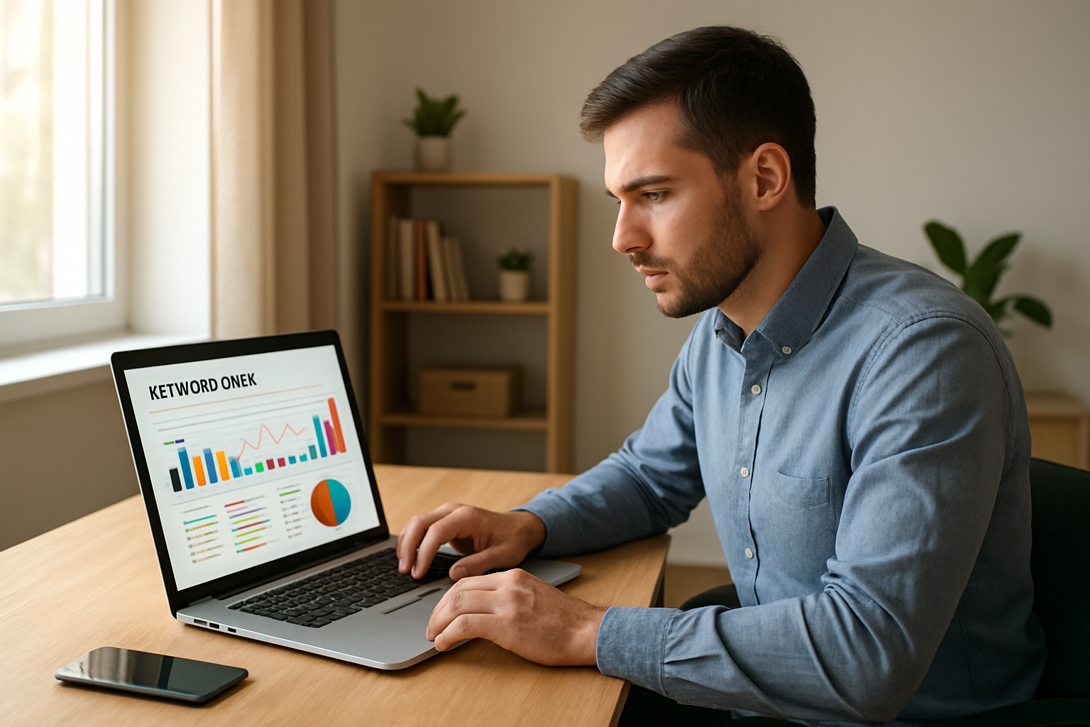 Marketer using a laptop to research keywords with colorful SEO data charts on screen