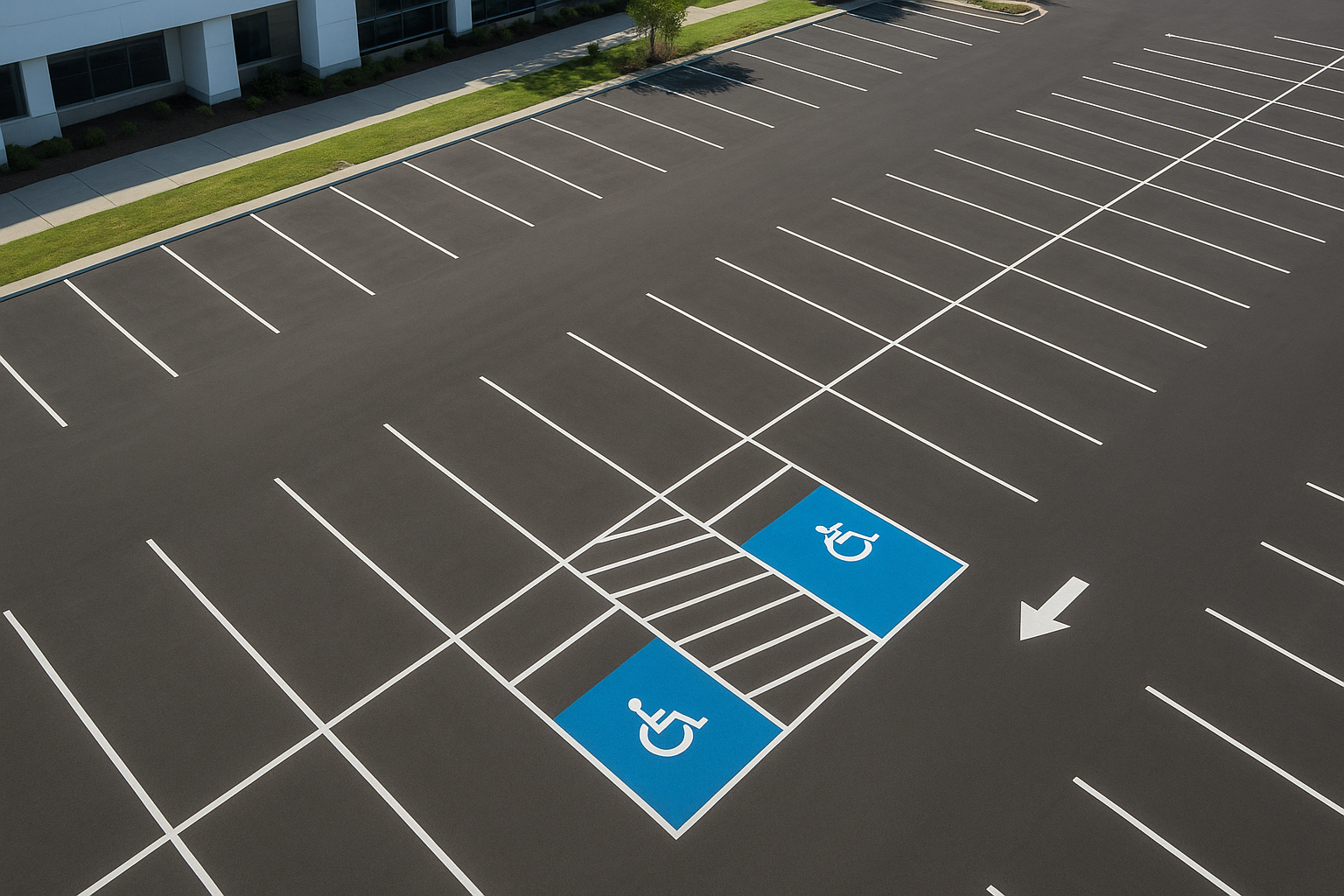 Commercial parking lot with accessible spaces and directional signage near Denton Texas