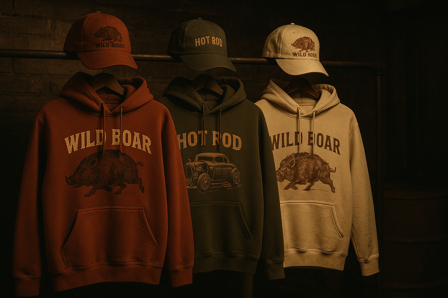 Rack of retro hoodies and caps with distressed hot rod and wild boar graphics in a garage setting