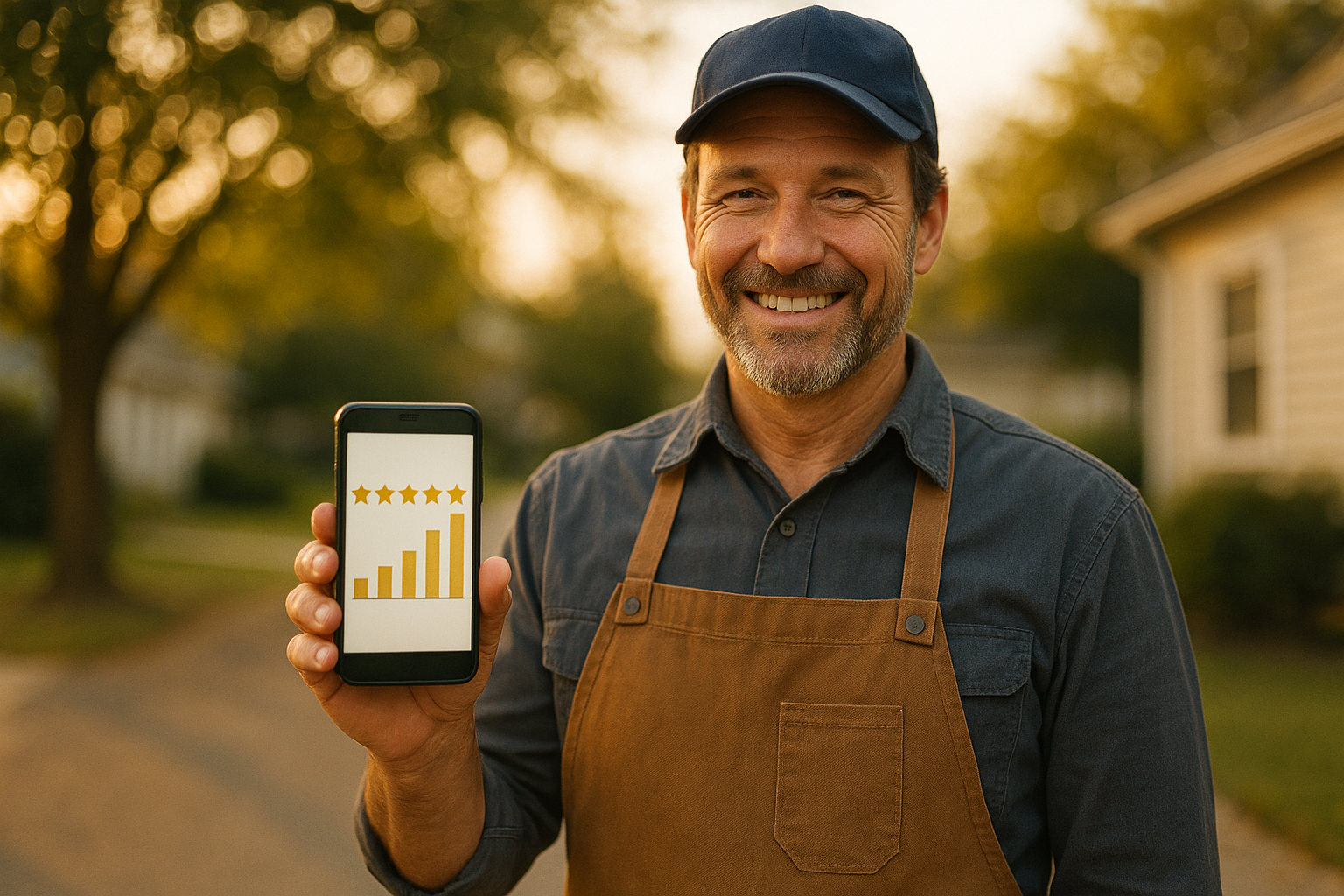 Local home service business owner reviewing star rating data on a smartphone