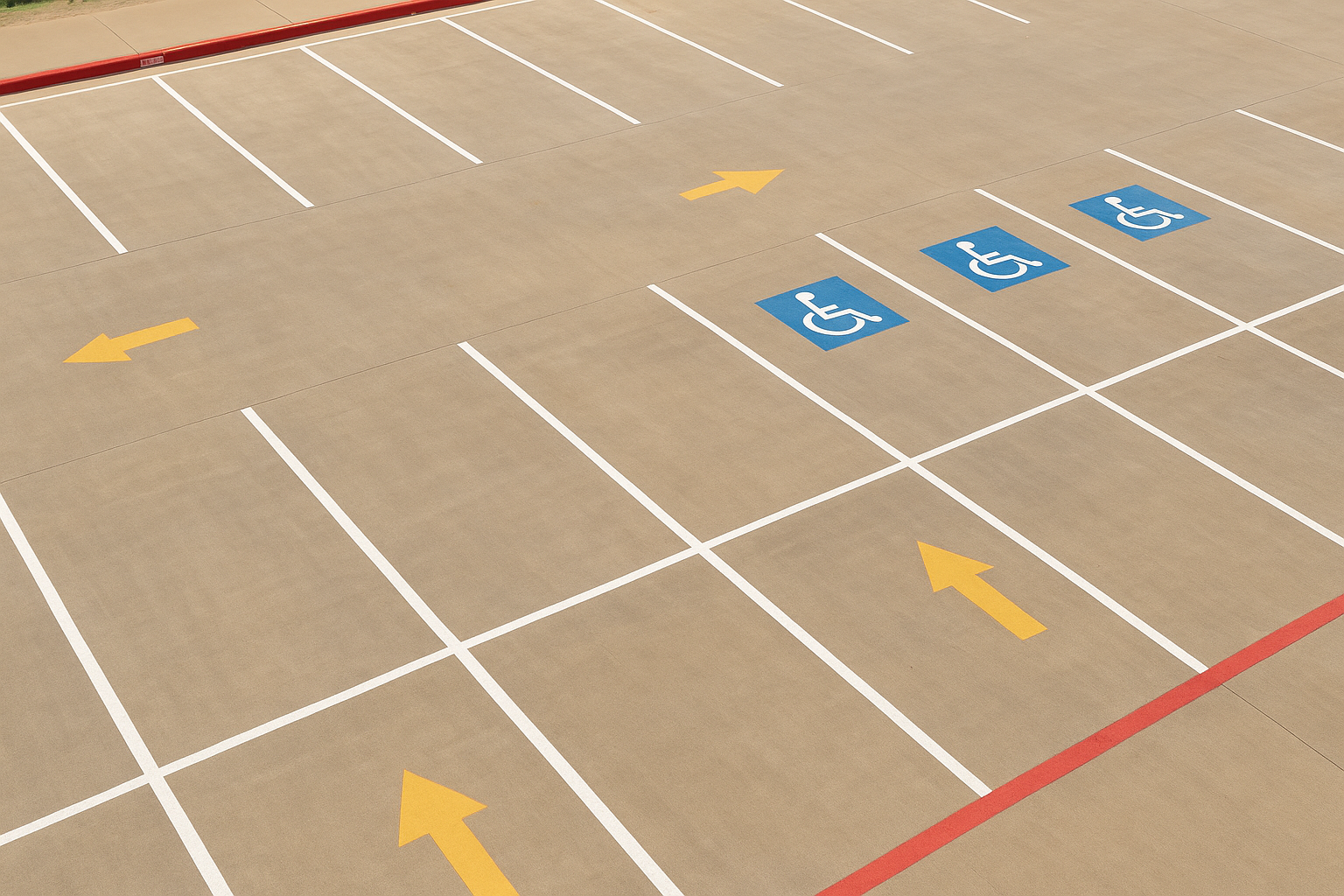 Aerial view of a professionally striped parking lot with ADA markings, fire lanes, and directional arrows