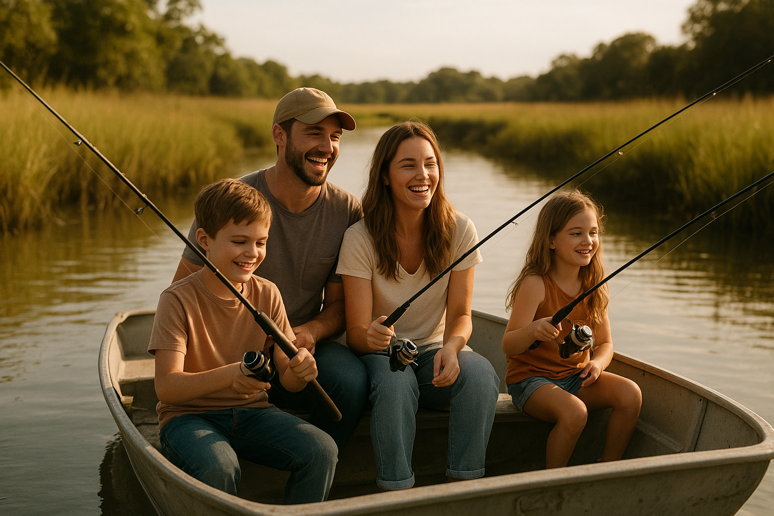 Family fishing together on one of the local fishing charters near me in a protected backwater creek
