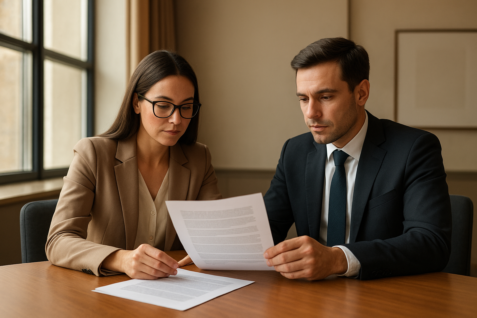Business professionals reviewing an HR consulting contract at a conference table