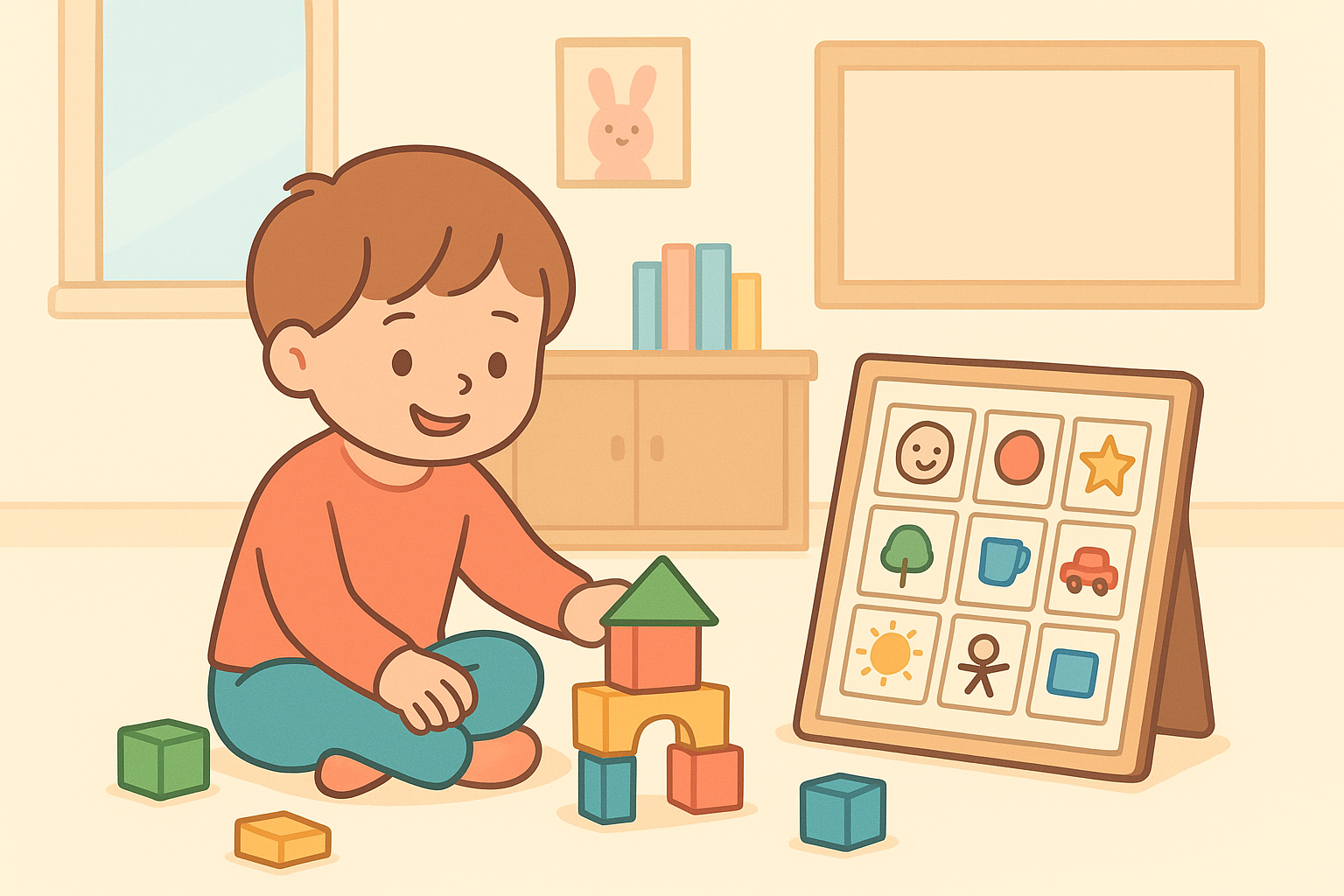 Child modeling a core vocabulary word with picture symbols during guided play