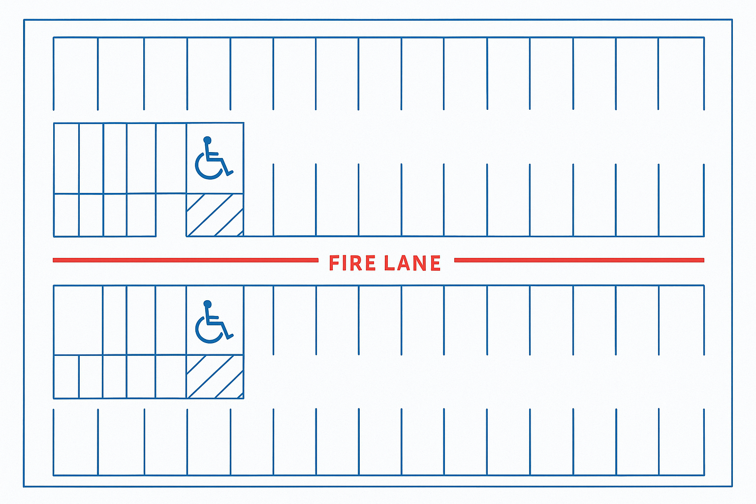 Blueprint diagram illustrating custom parking lot layouts with fire lanes and ADA spaces
