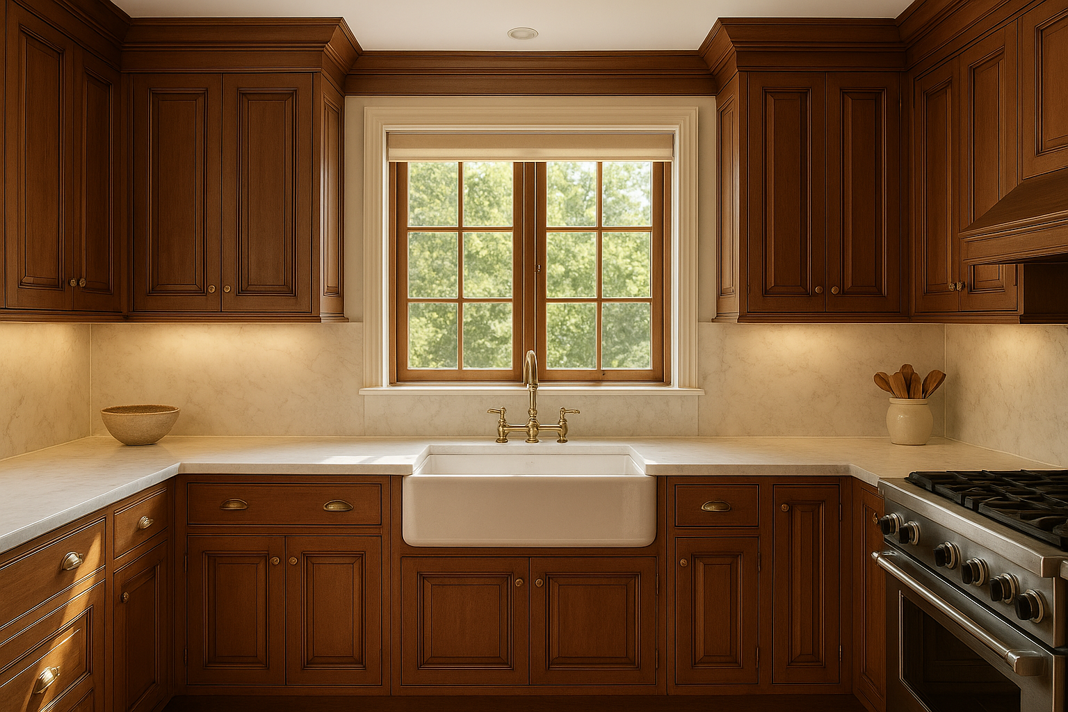 Classic cabinet designs with raised panel cherry wood doors and brass hardware in a traditional kitchen