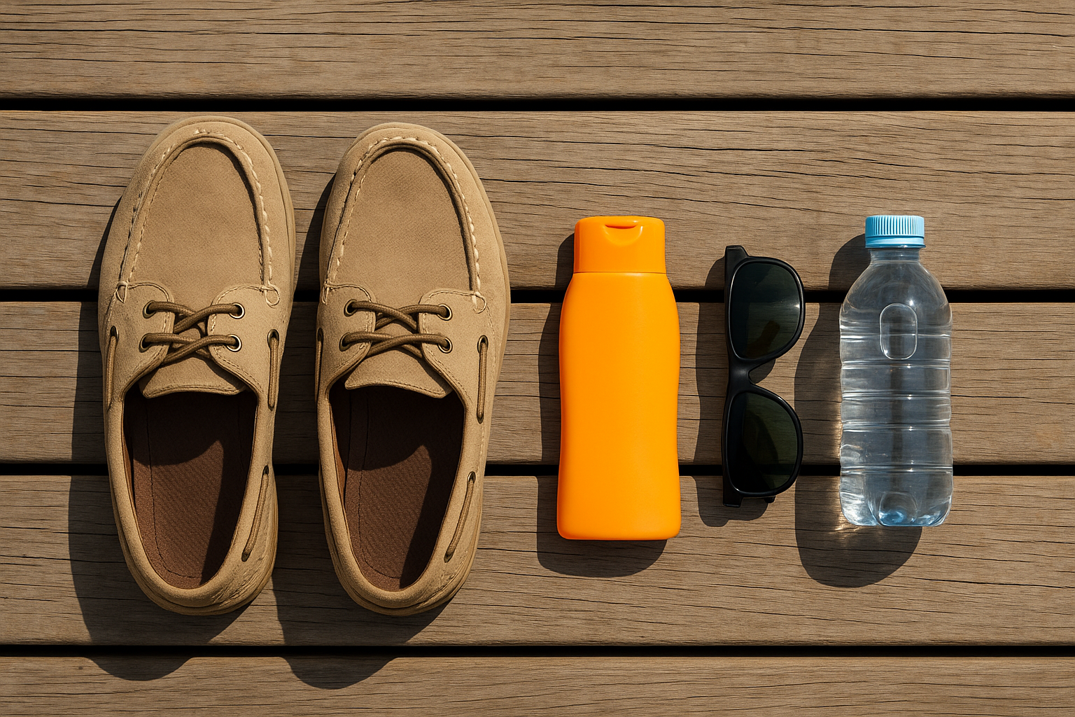 Packing checklist items laid out for a Myrtle Beach fishing charter including shoes and sunscreen