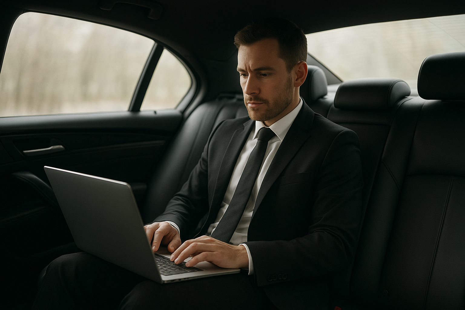 Business executive working on a laptop inside a chauffeured vehicle during a corporate ride