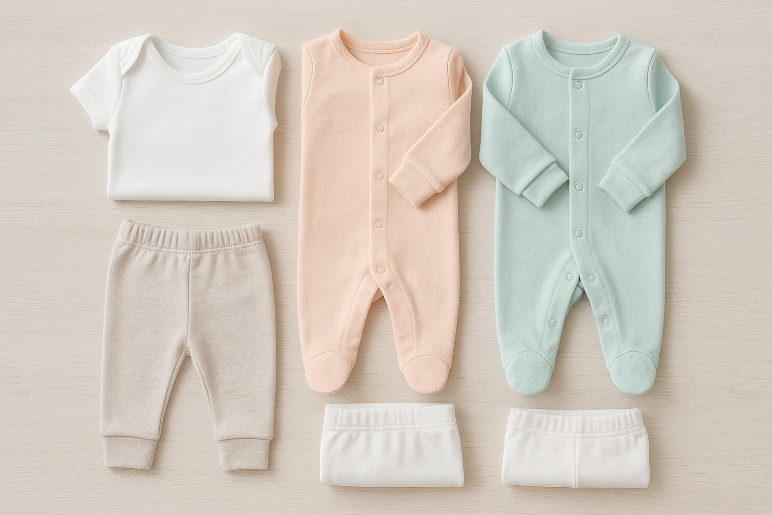 Flat lay of newborn baby clothing essentials including onesies, footed sleepers, and soft cotton layers for a baby essentials online store
