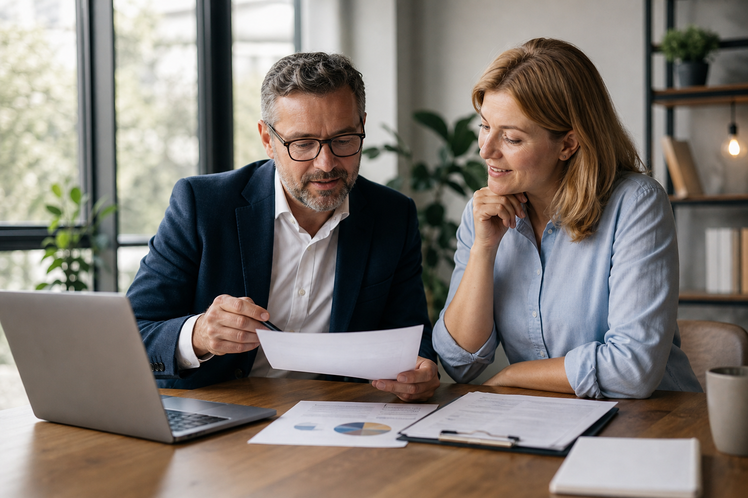 HR consultant and business owner reviewing HR policy development services documents at a conference table