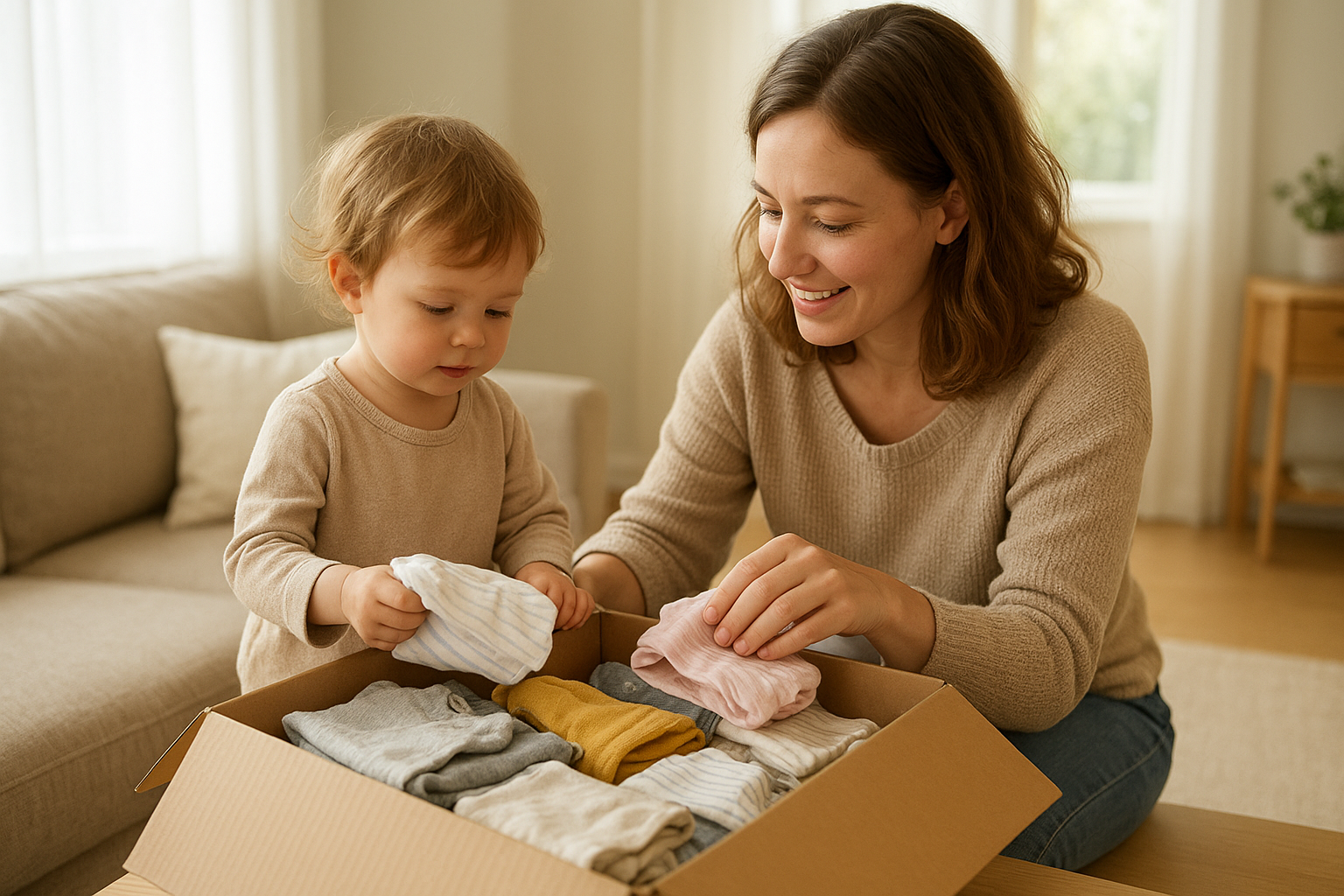 Parent and child unboxing a monthly kids clothing rental delivery at home
