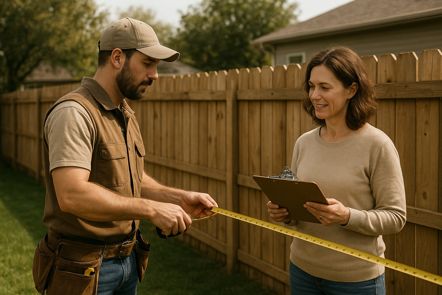 Contractor and homeowner measuring backyard setbacks during an ADU site visit