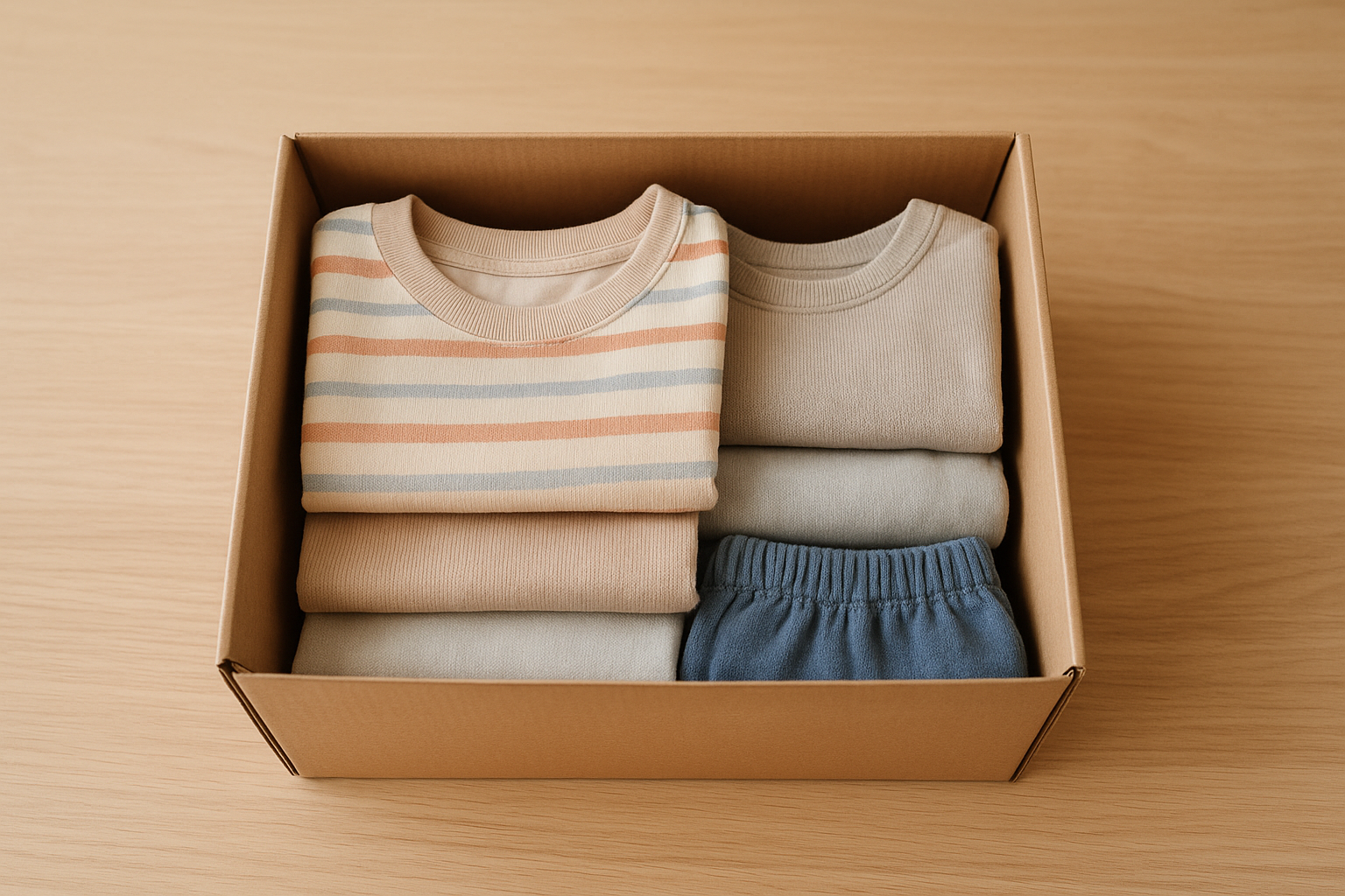 Shipping box of curated children's clothing ready for a kids clothing rental delivery