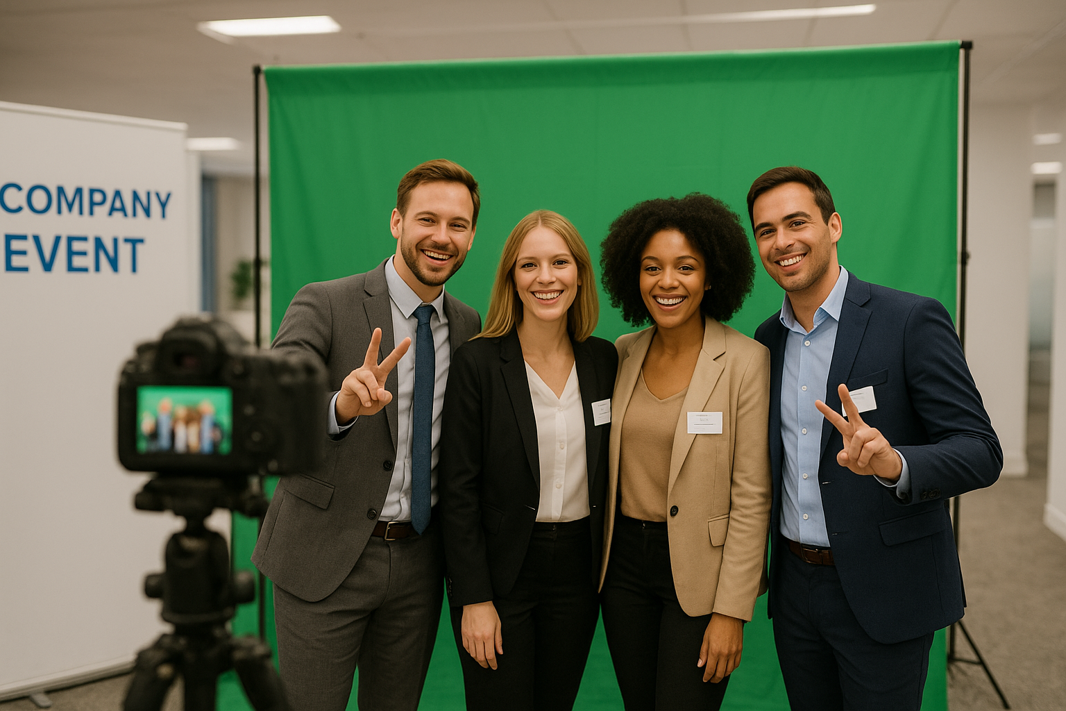 Guests posing at a green screen photo booth backdrop during a corporate promotional event