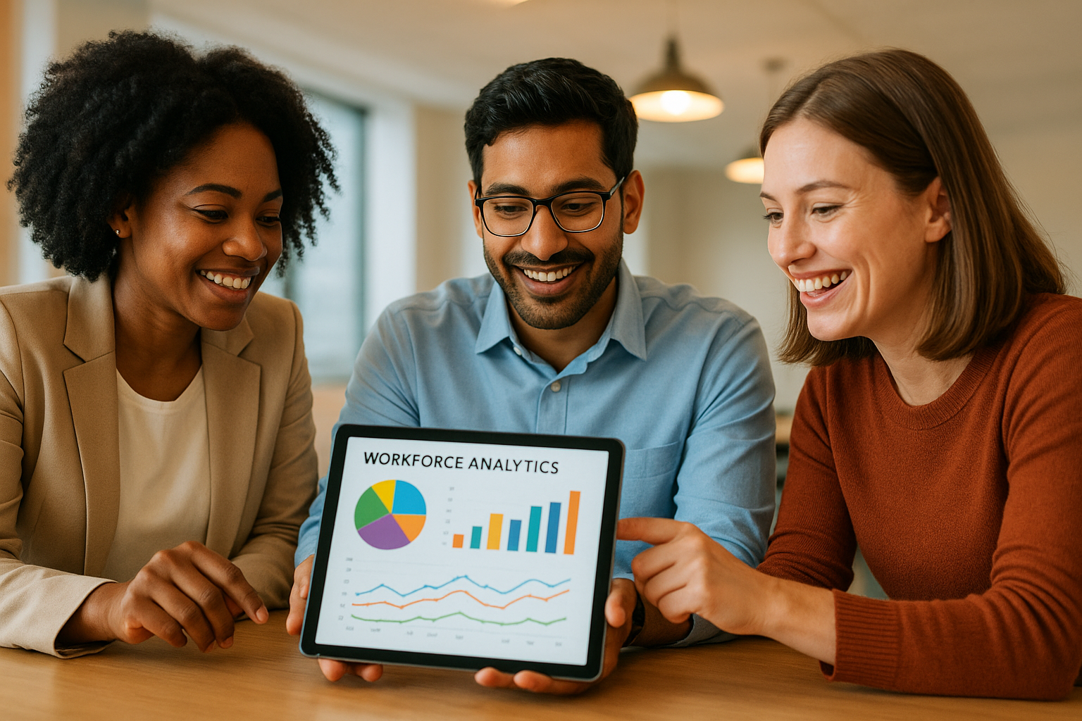 HR team reviewing workforce analytics on a cloud HR management platform