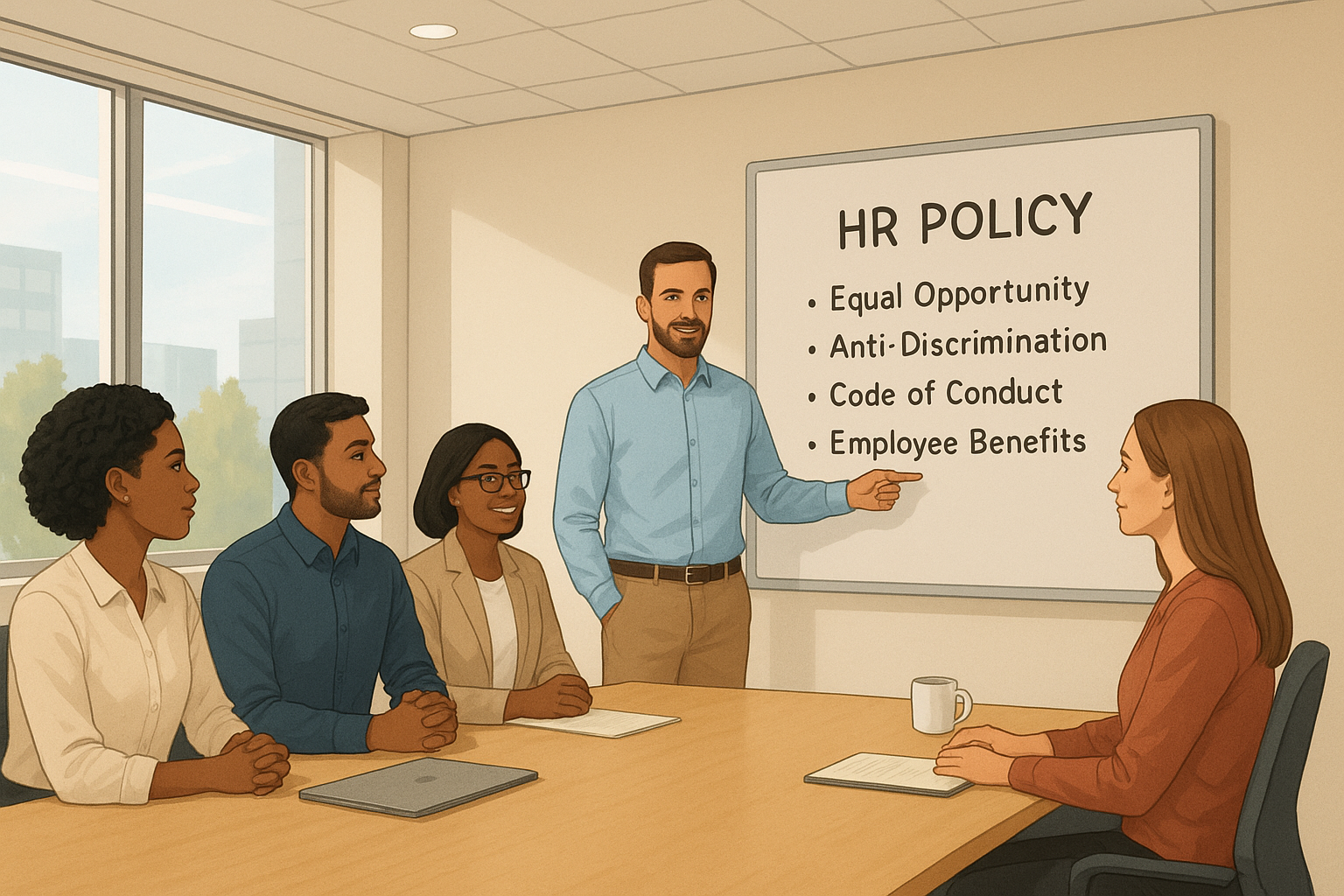 Diverse team attending an onboarding session to learn about workplace HR policies and employee handbook rules