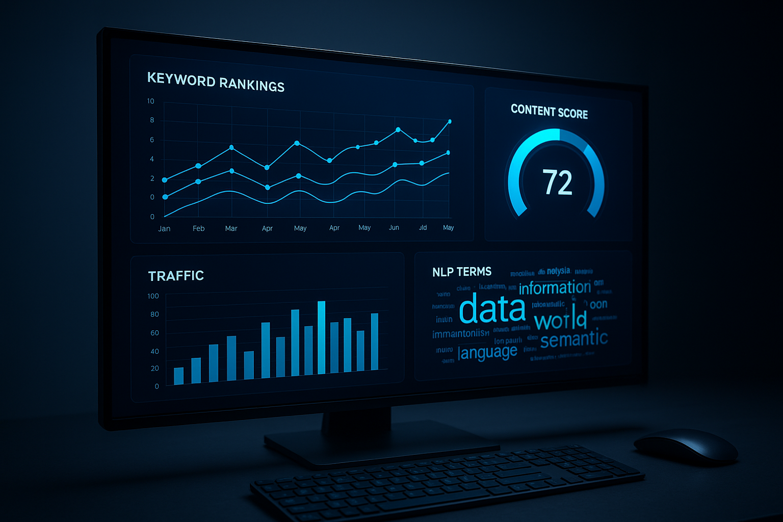 AllIAI AI-powered SEO dashboard showing keyword rankings and content optimization scores