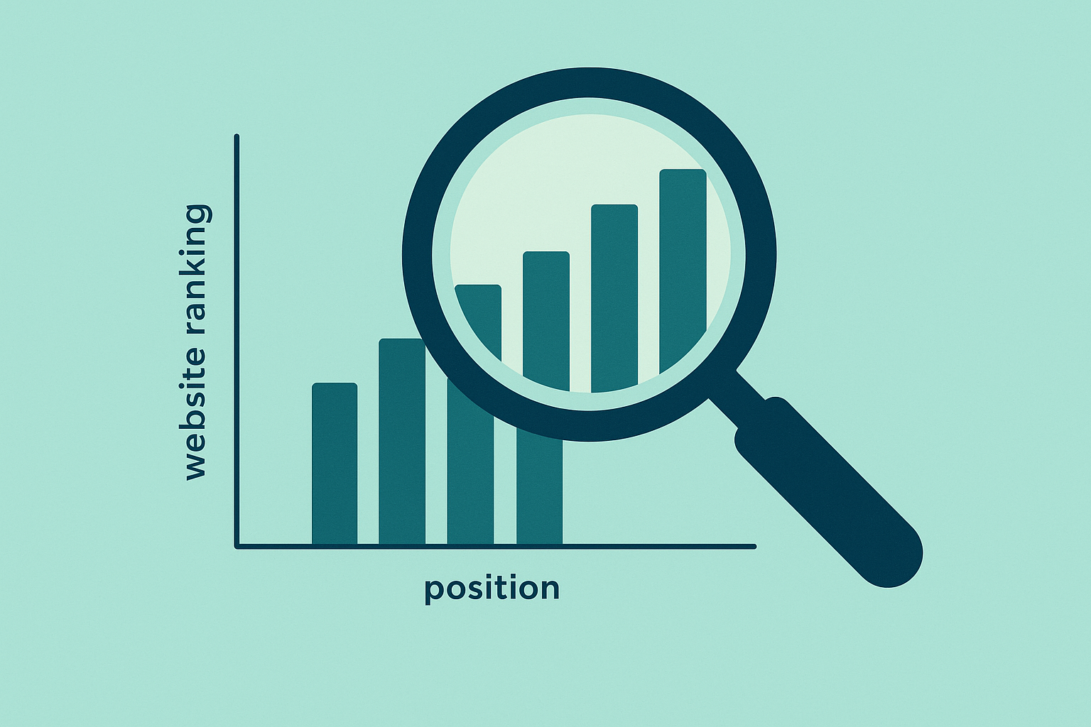 Magnifying glass comparing website ranking bar charts for competitor research